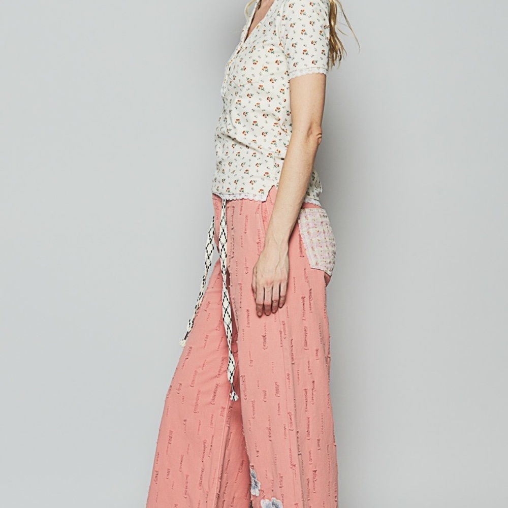 New POL Floral Patchwork Embroidered Drawstring Jeans Relaxed Fit Pants Pink - Picture 11 of 11